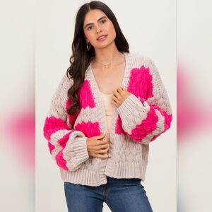 Wishlist Neon Pink Cream Abstract Chunky Knit Cardigan Oversized Boutique